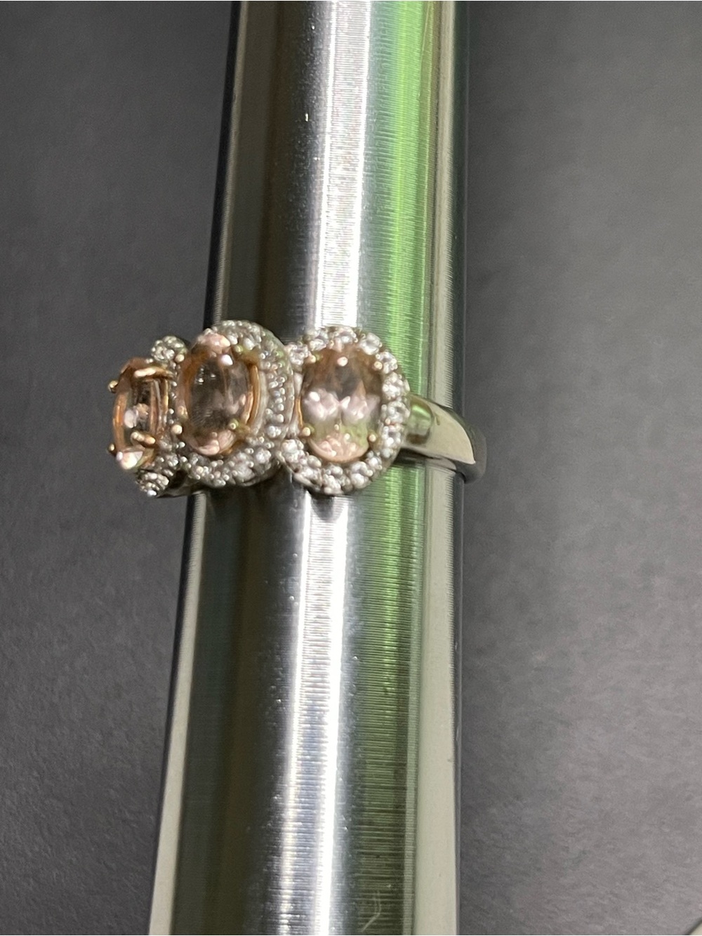 Three-Stone Oval Morganite and Diamond Halo Ring - Pink Morganite - Picture 2 of 5